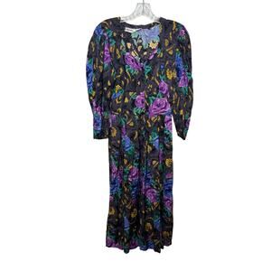Starina Vintage 90s Floral Dress Size M Black Fit Flare Pleated Boho Cottagecore